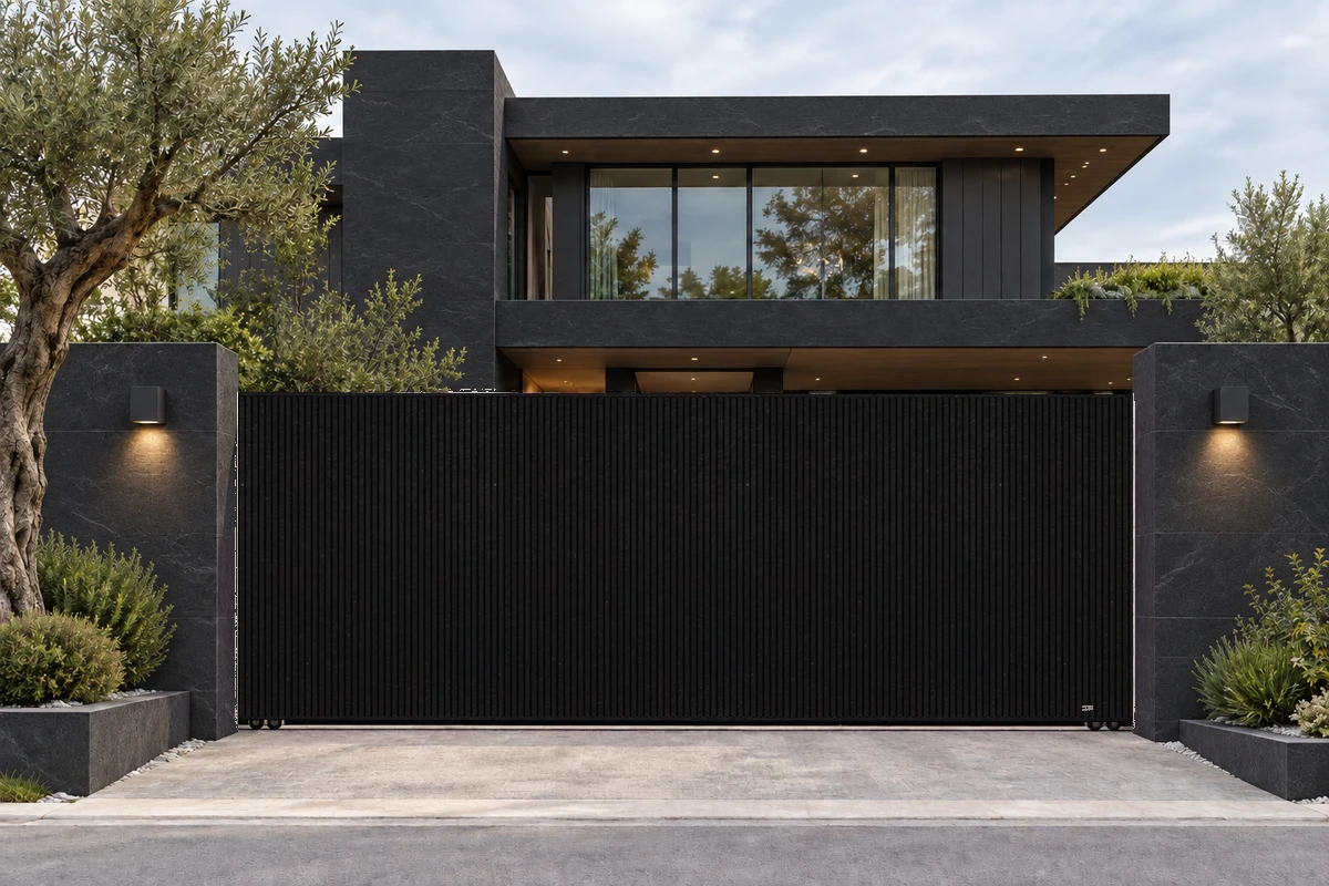 Illustrative modern luxury home with a Stripe gate